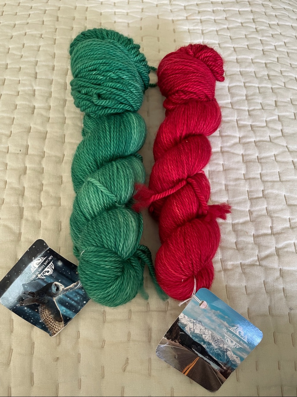 Lot of 2 of Arcane Fibre Works 100% merino wool worsted superwash red green